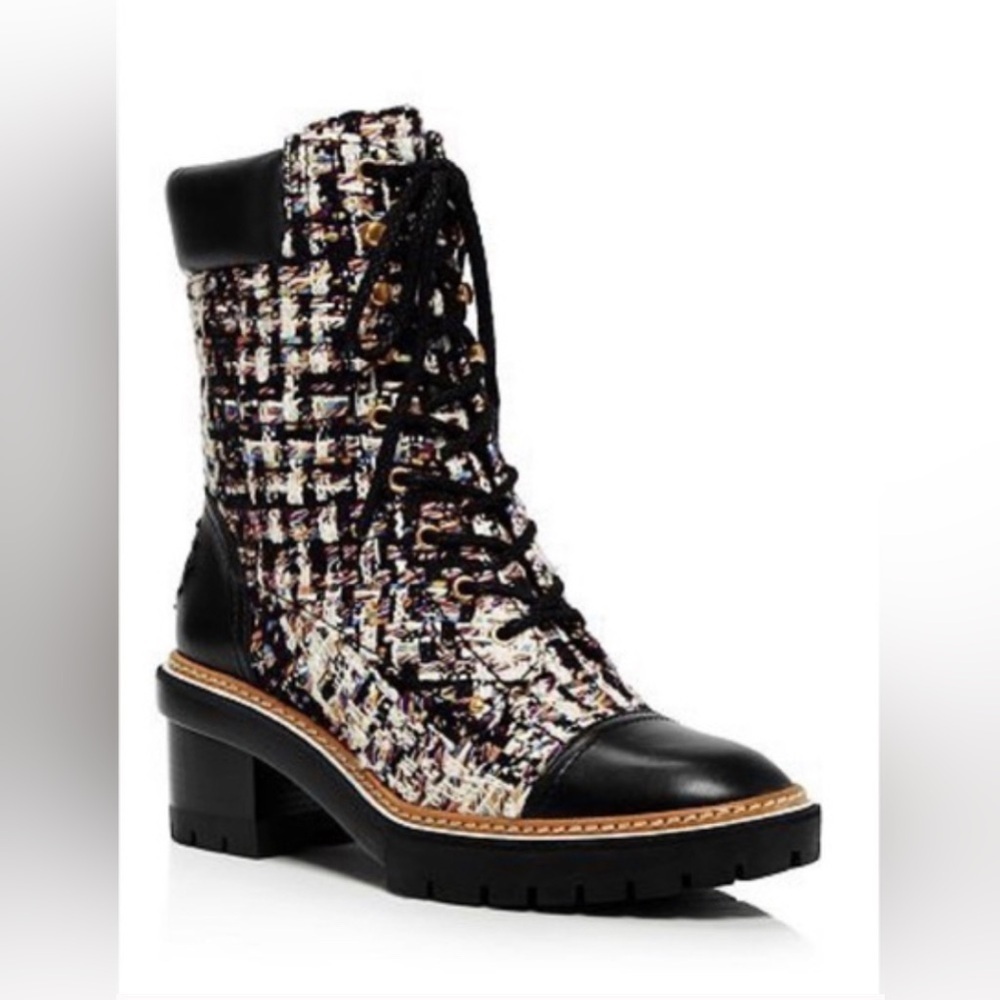 Tory Burch Miller Tweed Lace-Up Combat Boots | Black | Women’s Size 11M - Picture 2 of 15